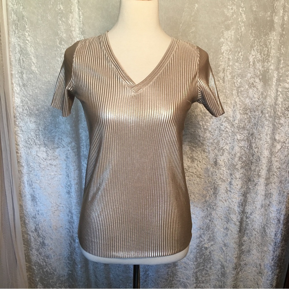 Tamnoon Silver tone Tee shirt V Neck Size Small